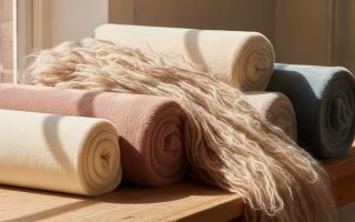Rolos de tecido de pelúcia com diferentes alturas de pelo dispostos em bancada de ateliê têxtil