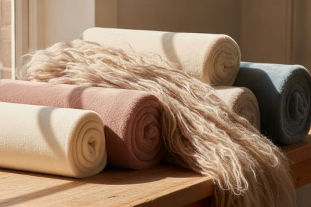 Rolos de tecido de pelúcia com diferentes alturas de pelo dispostos em bancada de ateliê têxtil