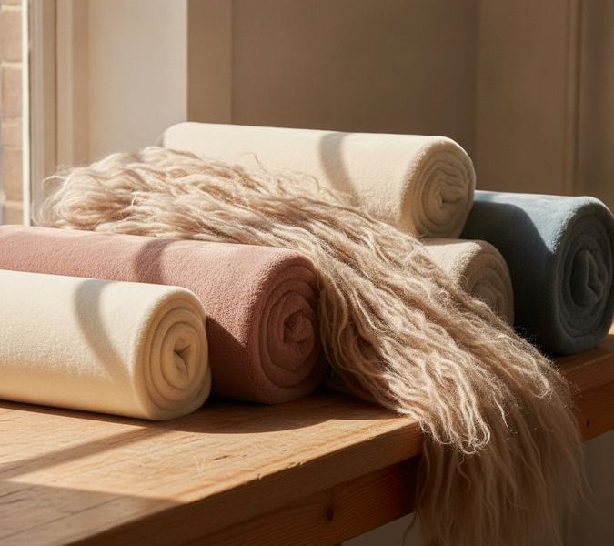 Rolos de tecido de pelúcia com diferentes alturas de pelo dispostos em bancada de ateliê têxtil